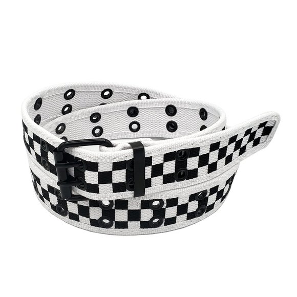 White and Black Checkered 2 Holes Row Grommet Canvas Fabric Web Belt Size Medium - Picture 2 of 2